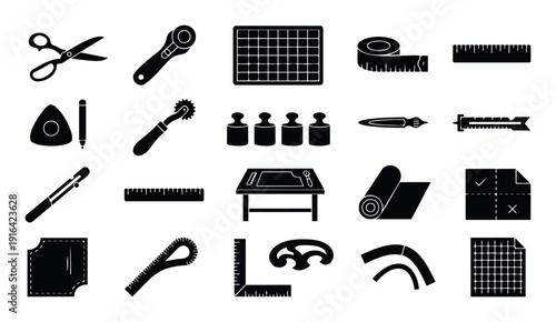 Comprehensive collection of essential tailoring tools and sewing equipment represented as dark silhouettes, ideal for craft and handmade product branding or workshop instruction