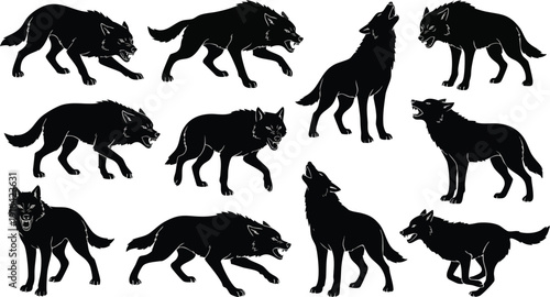 Collection of Wolf Silhouettes in Various Poses.