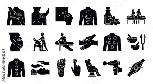 Diverse set of massage and therapy icons illustrating various body treatments, wellness practices, and holistic health concepts perfect for health blogs, spa advertisements, or medical
