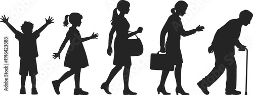 Female life stages silhouette from child to elderly walking with cane isolated on white background, growth, aging, lifestyle concept illustration