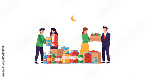 Illustration of diverse volunteers working together at night, surrounded by donation boxes and goods under a crescent moon.