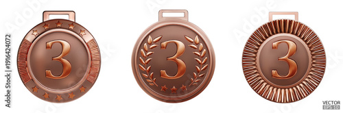 Set of 3d Bronze medal isoleted on white background. Third placement winner trophy prize, Copper medal trophy. 3D vector illustration.