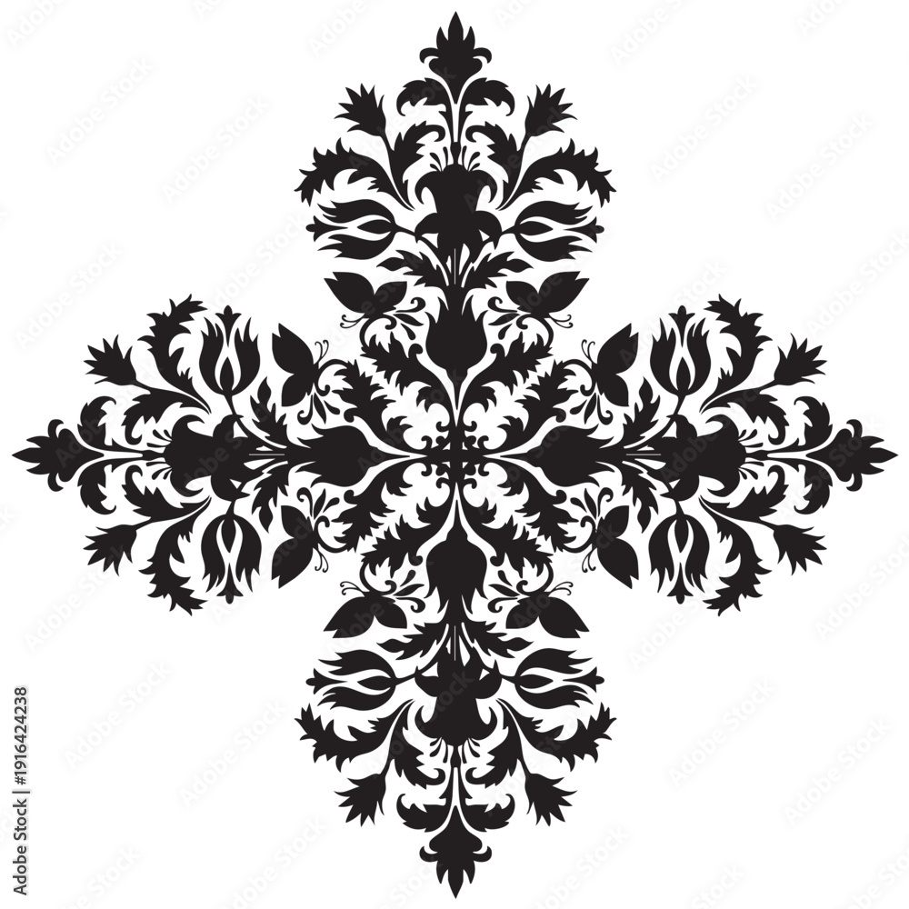Αυτοκόλλητο Black symmetrical cruciform floral ornament with botanical elements on white background