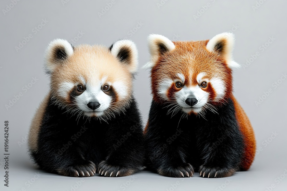 Obraz premium Two red pandas sit side by side in a studio setting. One has light tan fur while the other has darker fur. Both are looking directly at the camera, showcasing their round faces and expressive eyes