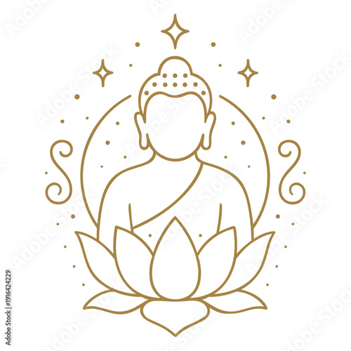 Buddha mit Lotus und Sternen - Spirituelle Line Art Vektor Illustration für Yoga und Meditation.