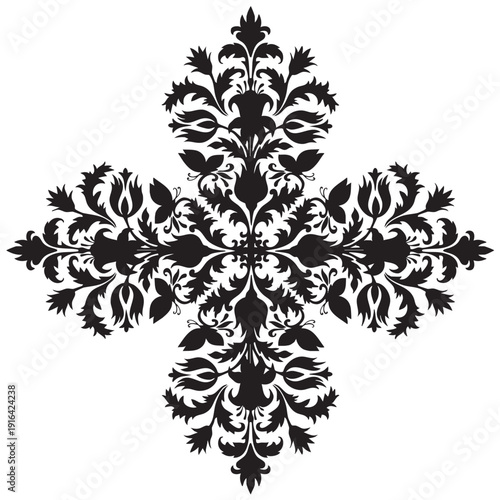 Black symmetrical cruciform floral ornament with botanical elements on white background. Elegant vector silhouette for design