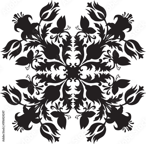 Black symmetrical floral ornament with lilies, butterflies, and leaves on white background. Vector silhouette for logo, tattoo, or decor.