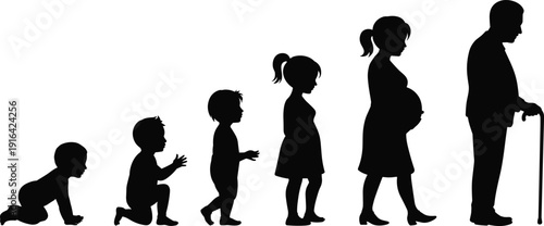 Female life cycle silhouette showing growth from crawling baby to child adulthood pregnancy and old age isolated on white background