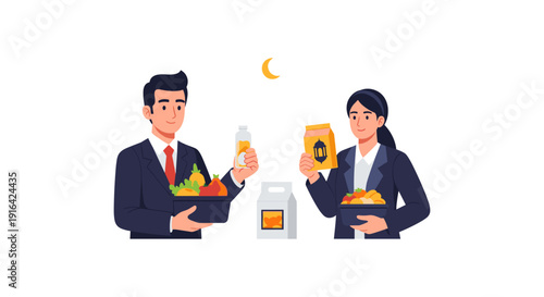 Illustration of a man and woman in business attire swapping nutritious food and drinks, symbolizing healthy workplace habits.