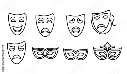 Masquerade and theatrical mask outline vector icons