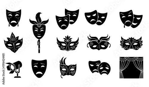 Theatre mask vector icon set comic and tragic masks