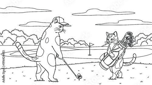 Two cartoon cats are golfing. One wears a cap and holds a club, ready to swing at the ball. The other, carrying a golf bag, watches. Trees and a flag are in the background.