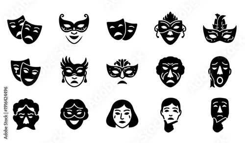 Comic and tragic mask vector icon collection