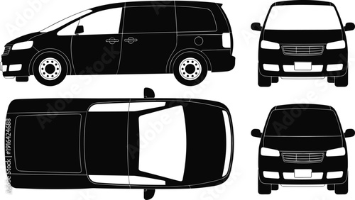 Silhouette illustration of minivan shown from side, front, rear, and top views, automotive design artwork representing modern transport, family vehicle, logistics, and car industry themes