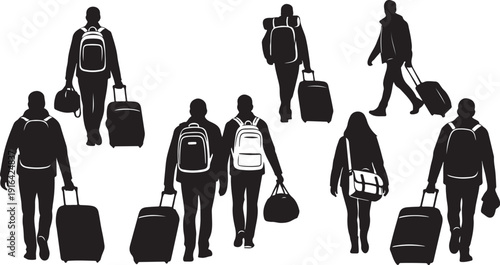 Travelers walking with luggage in various directions together