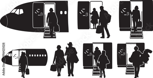 Travelers boarding and exiting airplane silhouettes in various poses