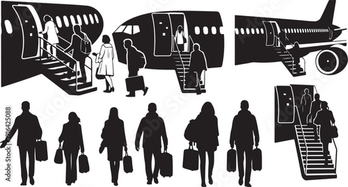 Travelers boarding and exiting airplanes with luggage silhouettes