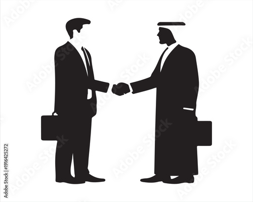 Business Handshake Between Western Executive and Arab Businessman Professional Partnership Silhouette Vector Illustration