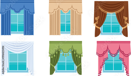 Window curtains vector set featuring elegant drapes valances tassels home interior decor flat illustration isolated on white background design collection icons modern