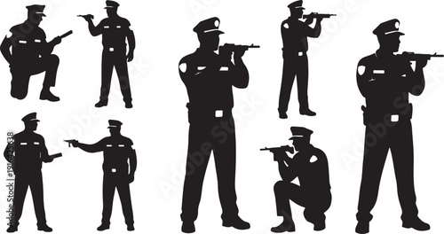 Police officers in various poses and actions silhouettes set