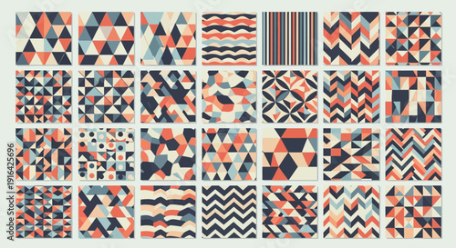 Vibrant cityscape with abstract skyscrapers in red blue and gray hues against a beige background