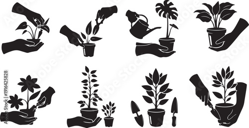 Plant Care and Gardening Icons in Black and White