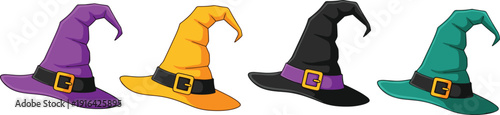 Vector illustration of four colorful witch hats with buckles, Halloween costume accessories, spooky decorative elements, magical fantasy design, whimsical seasonal holiday art.