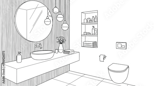 Modern bathroom line drawing with a circular mirror and pendant lights above a floating sink. Shelves hold toiletries and towels. Minimalist and neat.