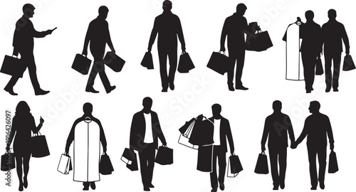 Silhouettes of people carrying shopping bags in various poses