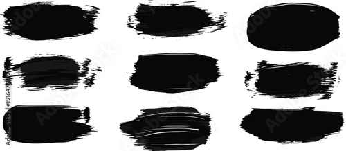 Vector illustration of nine black brushstroke shapes in grid layout, artistic textured strokes for design backgrounds, decorative elements, and creative projects.