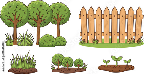 Vector illustration of garden elements with trees, fence, bushes, grass, seedlings, landscaping nature design, educational plant growth artwork, outdoor greenery cartoon.