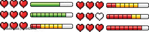Vector illustration of pixelated video game health bars and heart icons, retro gaming interface design, player status indicators, nostalgic arcade style graphics.