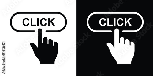 Cursor hand clicking a "CLICK" button. Minimalist black and white vector icons for web interface design, call to action, and digital interaction. Set of two line art styles.