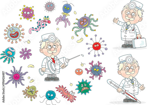 Good doctor with a syringe surrounded by funny and angry viruses, microbes and bacteria, with a thermometer and a medical briefcase, a set of vector cartoon illustrations on a white background