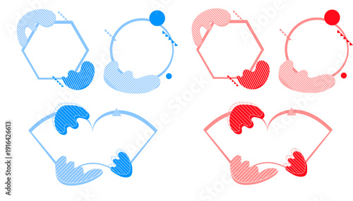 幾何学フレームとストライプ有機モチーフを組み合わせた循環型インフォグラフィック装飾セット｜ブルー＆レッド配色の流れ・プロセス表現向け抽象デザイン素材