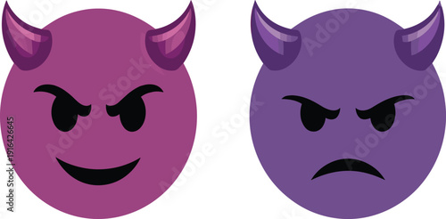 Two purple devil emoji icons with horns featuring one smiling face and one angry expression.