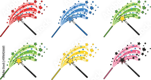 Vector illustration of six colorful magic wands with sparkling stars and bursts, fantasy design elements for whimsical magical artwork and decoration.
