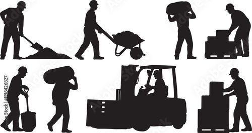 Construction site silhouettes with cranes, bulldozer, excavator, workers in safety helmets, heavy machinery, industrial equipment, building process, engineering, development, teamwork