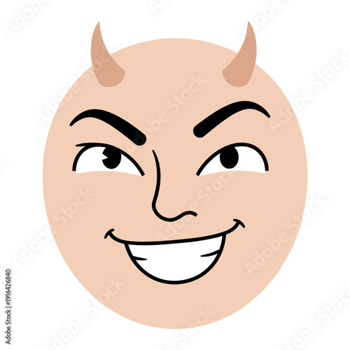 Cartoon devil face with horns and sly smile
