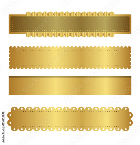 高級感あふれるゴールド装飾フレーム＆ラベル帯セット｜箔押し風グラデーションとスカラップ縁デザインのエレガント見出しバナー素材（賞状・認定証・パッケージ装飾向け）
