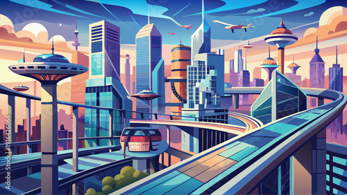 Very beautiful elevated skybridge network connecting crystalline skyscrapers, featuring drone corridors and holographic transit hubs, redefining metropolitan mobility and layered city life in 2032.