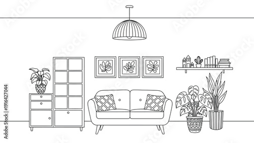 Minimalistic living room line drawing features a sofa with patterned cushions, framed leaf art, potted plants, a cabinet, and a shelf with books, creating a cozy ambiance.