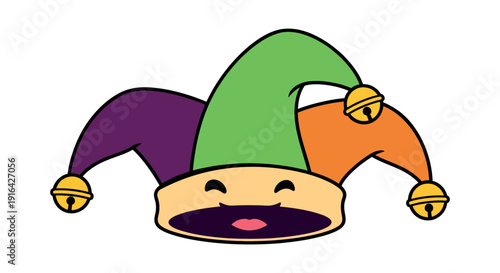 Colorful jester hat with smiling face and bells illustration