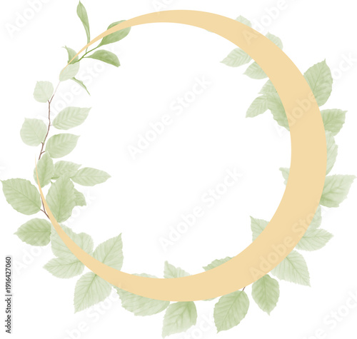 水彩タッチのグリーンリーフとゴールドサークルが調和するナチュラル円形フレーム素材｜北欧風ボタニカルデザインの上品な装飾枠イラスト（ウェディング・ロゴ・ブランドビジュアル向け）