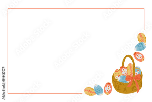 Easter banner with basket of decorated egg and frame border on light background. Spring holiday concept for greeting card, invitation and festive design