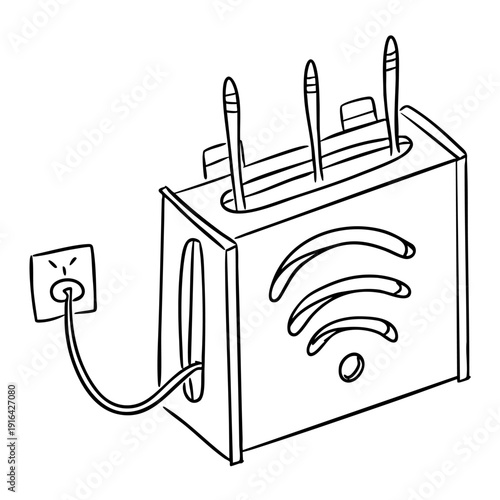 Wifi router with antenna and cable connected to socket in hand drawn outline style isolated on light background. Wireless internet connection concept for technology, network and communication design