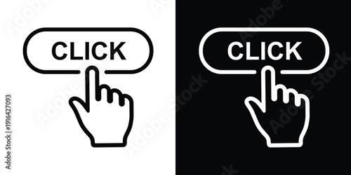 Cursor hand clicking a "CLICK" button. Minimalist black and white vector icons for web interface design, call to action, and digital interaction. Set of two line art styles.
