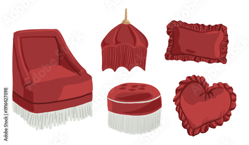 Red armchair, lamp, pillow and ottoman in vintage style isolated on light background. Classic interior decor concept for home comfort and furniture design