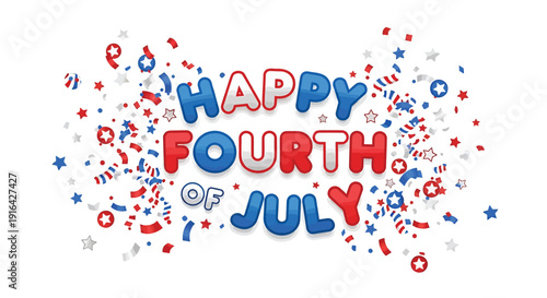 Happy Fourth of July greeting with red, white, and blue confetti and stars on transparent background