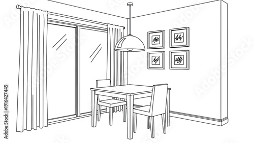 Line drawing of a dining room with a table and two chairs under a pendant light. Large window with curtains on the left, four framed pictures on the wall.